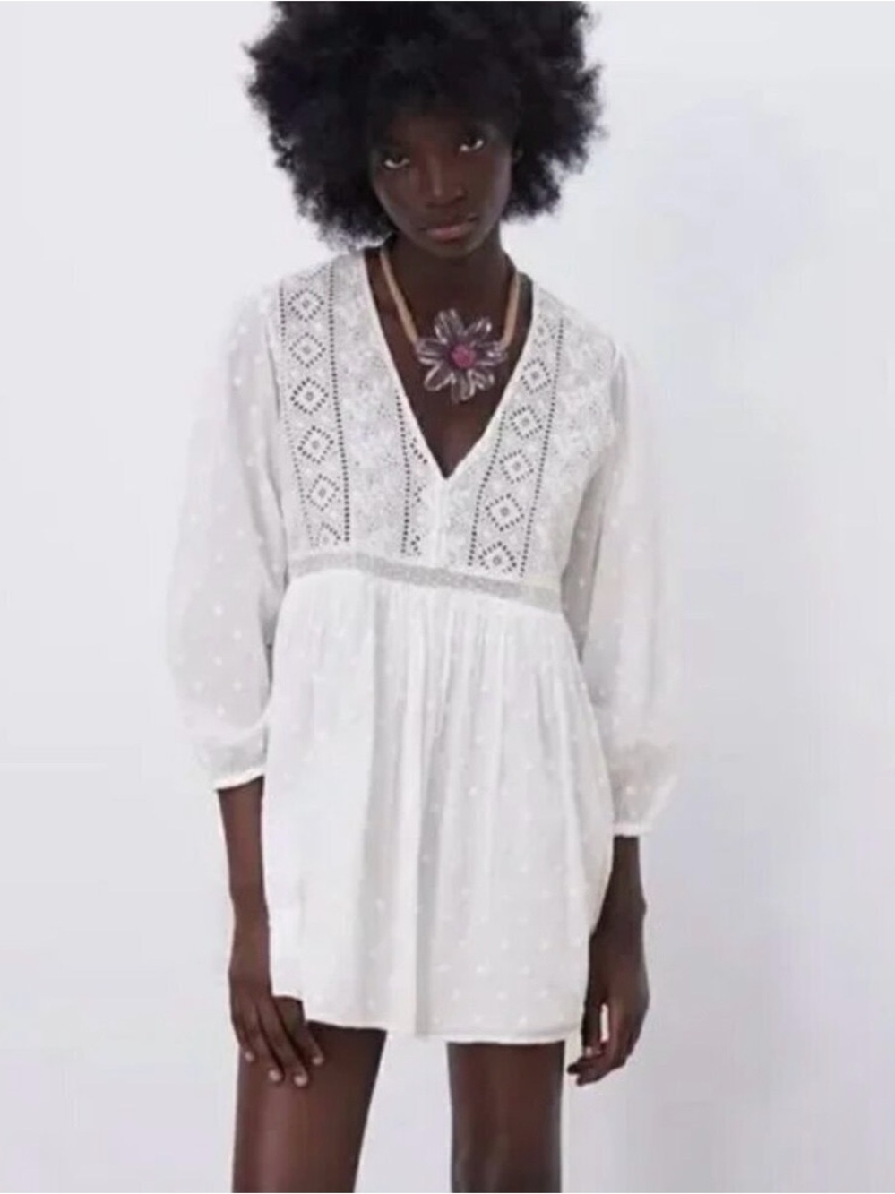 Zara White Boho Lace V-Neck Babydoll Dress